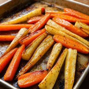 Zanahorias y chirivias con miel caramelizandose en una bandeja.