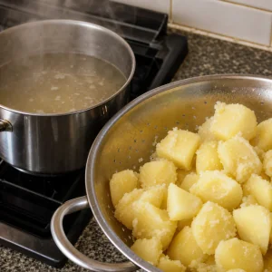 Patatas medio cocidas y escurridas con bordes rugosos y esponjosos.