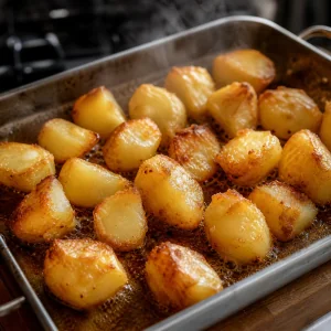 Patatas asadas dorandose en aceite caliente y mantequilla.