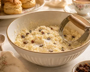 Mistura esfarelada de scones com acucar e sultanas
