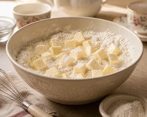 Mistura de farinha com cubos de manteiga fria numa tigela