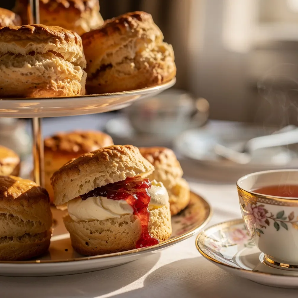 Scones britânicos dourados com creme e geleia de morango em um suporte de chá