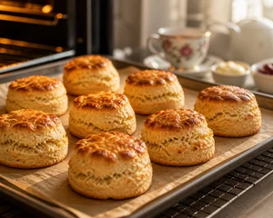 Scones dourados e crescidos num tabuleiro