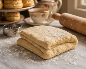Massa macia de scones dobrada numa superficie enfarinhada