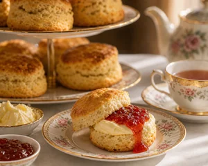 Scones mornos com creme coalhado e compota de morango