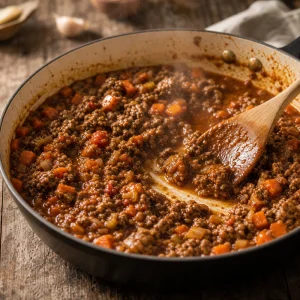 Agnello macinato che rosola accanto alle verdure