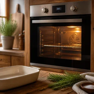 Forno in preriscaldamento accanto a una pirofila e rosmarino