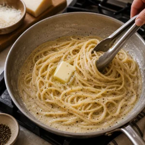 A pat of butter melting into glossy cacio e pepe spaghetti in a skillet