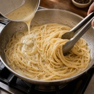 Cheese and pepper sauce being poured over spaghetti as it is tossed in a skillet
