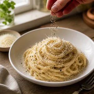 Finished cacio e pepe served with extra Pecorino and freshly cracked black pepper