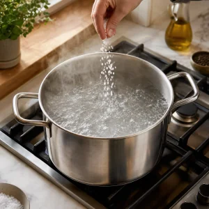 Salt being sprinkled into a large pot of boiling water for cacio e pepe