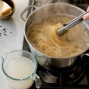 Spaghetti cooking in boiling water with a cup of reserved starchy pasta water nearby