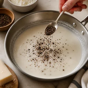 Toasted cracked black pepper being added to the Pecorino cheese emulsion