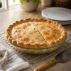 Tourte au thon cuite reposant sur une grille avant d’être tranchée et servie