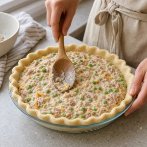 Garniture crémeuse au thon étalée uniformément dans la pâte préparée