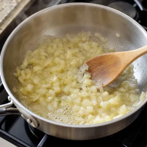 Oignon coupé en dés qui fond dans du beurre mousseux dans une casserole