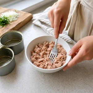 Thon en boîte égoutté émietté à la fourchette dans un petit bol