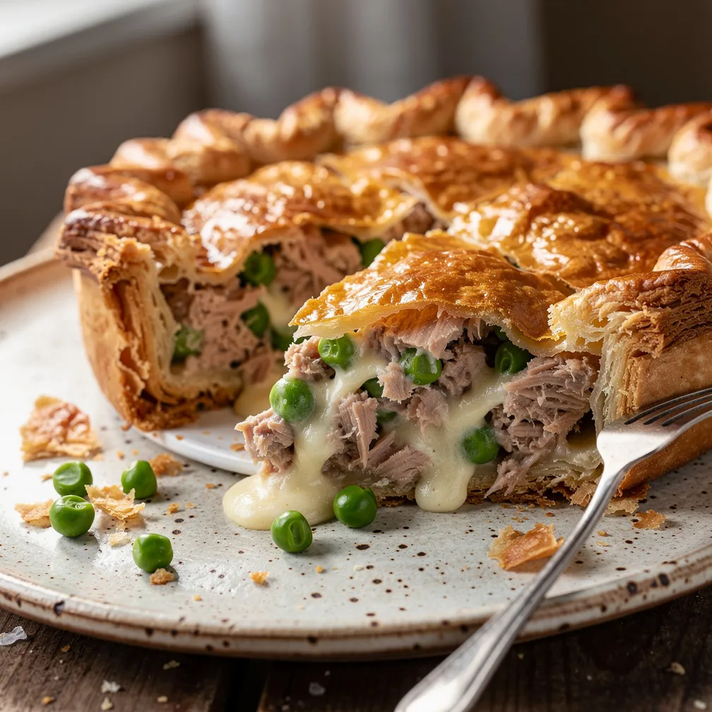 Golden baked tuna pie with flaky crust and creamy filling, slice removed showing peas and cheese