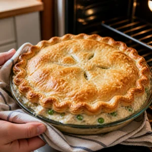 Tourte au thon dorée cuite jusqu’à ce que la croûte brunisse et que la garniture bouillonne aux bords