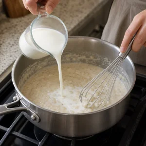 Lait versé dans un roux pendant que la sauce crémeuse est fouettée