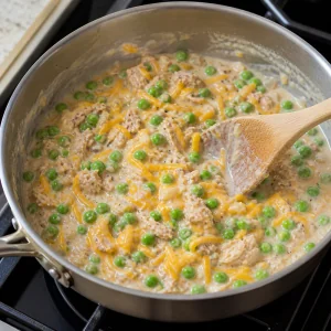 Thon, petits pois et cheddar mélangés dans une garniture épaisse et crémeuse