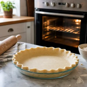 Pâte à tarte crue placée dans un moule avec le four qui préchauffe à côté