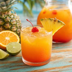 A chilled sunset-orange Caribbean rum punch with ice, pineapple wedge, maraschino cherry, and grated nutmeg.