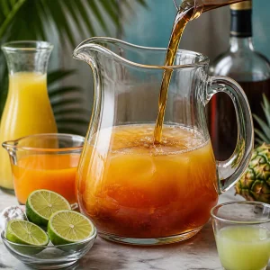A clear pitcher being filled with dark rum, pineapple juice, orange juice, and lime juice for Caribbean rum punch.