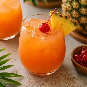 A finished Caribbean rum punch is garnished with a maraschino cherry and a pineapple wedge on the glass rim.