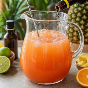 Bitters are added to a pitcher of sunset-orange Caribbean rum punch and stirred in with a bar spoon.