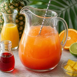 Grenadine is stirred into a pitcher of rum punch until the drink becomes a smooth sunset-orange color.
