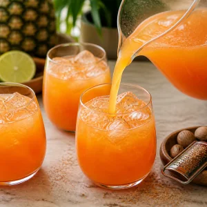 Sunset-orange rum punch is poured over ice and finished with a light sprinkle of freshly grated nutmeg.
