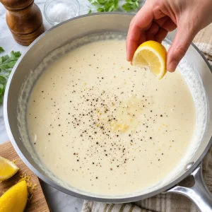 Sauce Alfredo relevee avec jus de citron, sel et poivre concasse.
