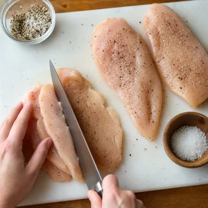 Blancs de poulet coupes en escalopes et assaisonnes de sel et poivre.