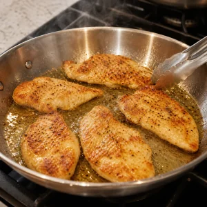 Escalopes de poulet saisies dans l'huile d'olive jusqu'a etre dorees.