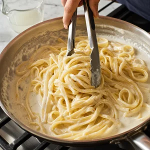 Fettuccine egouttees melangees dans la sauce Alfredo cremeuse.