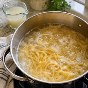 Fettuccine cuisant dans l'eau salee pour le poulet Alfredo.