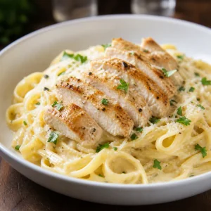 Poulet Alfredo termine avec persil, parmesan et poivre noir.
