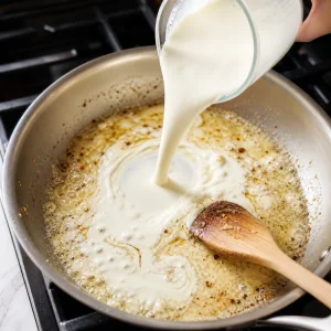Creme liquide versee dans la poele pour commencer la sauce ail parmesan.