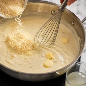 Parmesan et beurre fouettes dans une sauce Alfredo lisse et brillante.
