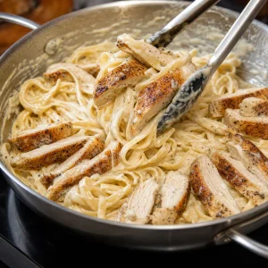 Poulet dore tranche remis dans les fettuccine en sauce.