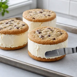 Die Ränder eines Eiscreme-Sandwiches werden mit einer Palette geglättet