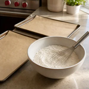 Vermischtes Mehl neben mit Backpapier ausgelegten Blechen