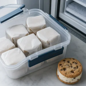 Eingewickelte Eiscreme-Sandwiches in einem luftdichten Gefrierbehälter