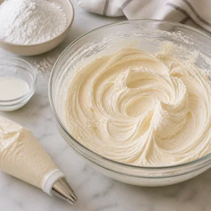 Creamy coconut buttercream in a mixing bowl