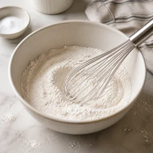 Dry ingredients whisked in a mixing bowl