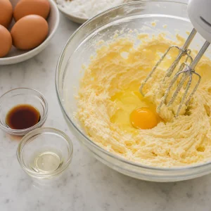 Eggs and extracts added to the butter mixture