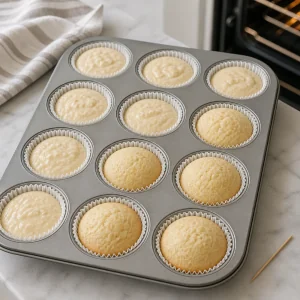 Filled liners and baked cupcake tops in a muffin pan