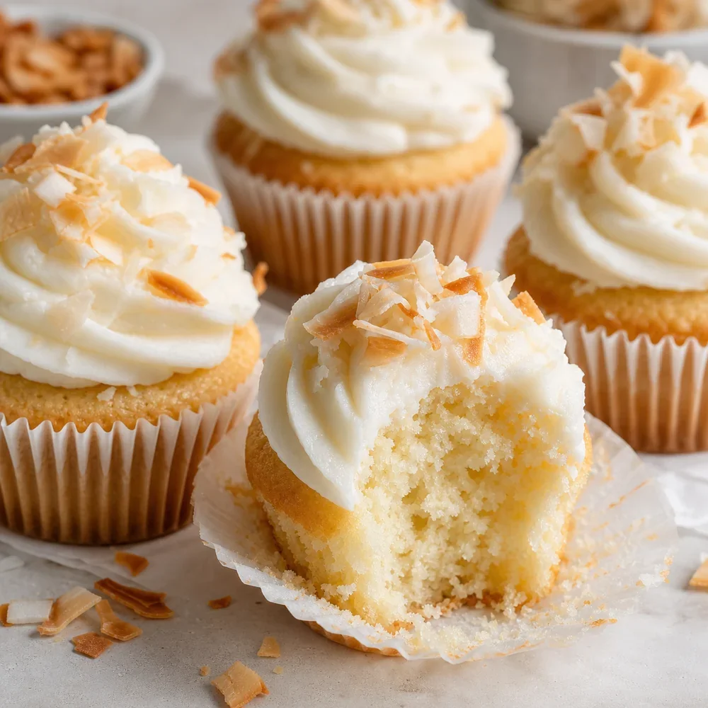 Finished coconut cream cupcakes with toasted coconut flakes
