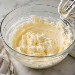 Fluffy butter and sugar mixture in a bowl